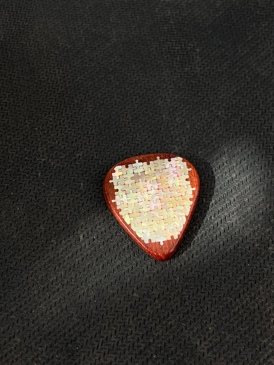 Handmade Wooden Guitar Pick with Mother of Pearl Mini Puzzle Inlay – Unique Guitarist Gift