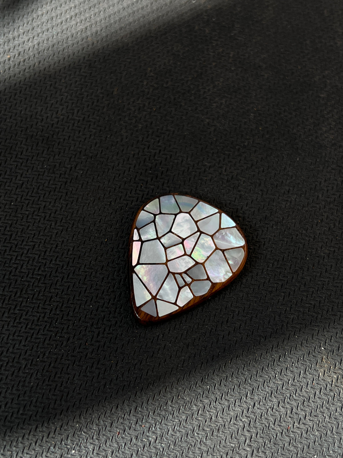 Handmade Wooden Guitar Pick with Mother of Pearl Cracked Ice Inlay