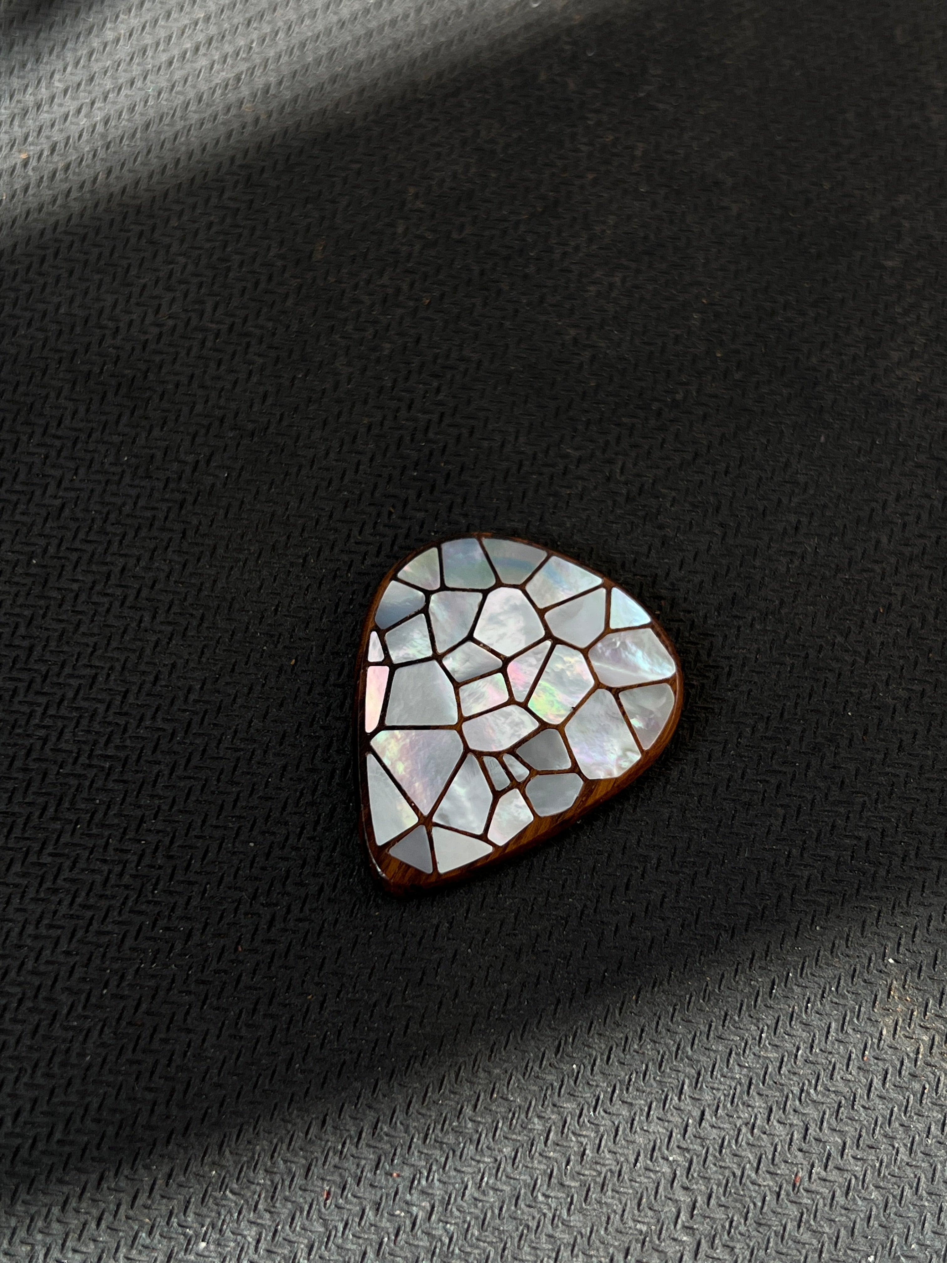 Handmade Wooden Guitar Pick with Mother of Pearl Cracked Ice Inlay