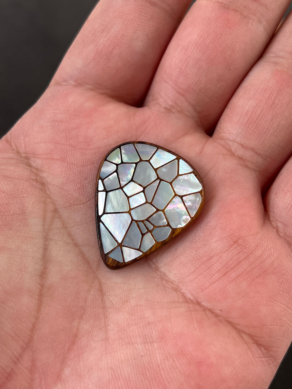 Handmade Wooden Guitar Pick with Mother of Pearl Cracked Ice Inlay