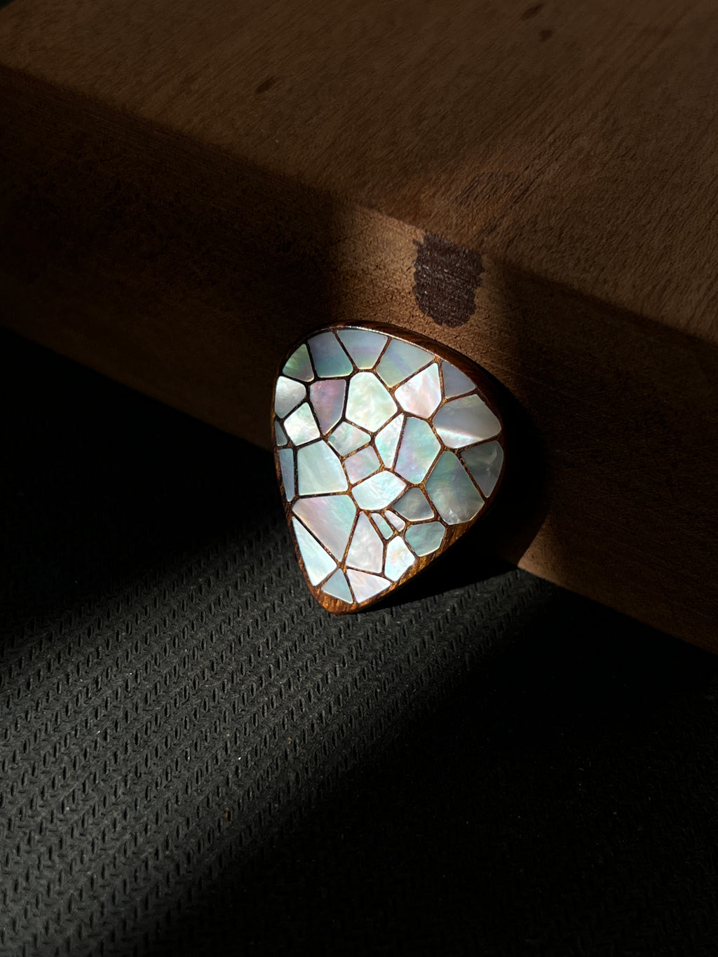Handmade Wooden Guitar Pick with Mother of Pearl Cracked Ice Inlay