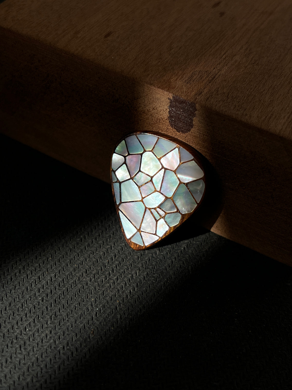 Handmade Wooden Guitar Pick with Mother of Pearl Cracked Ice Inlay