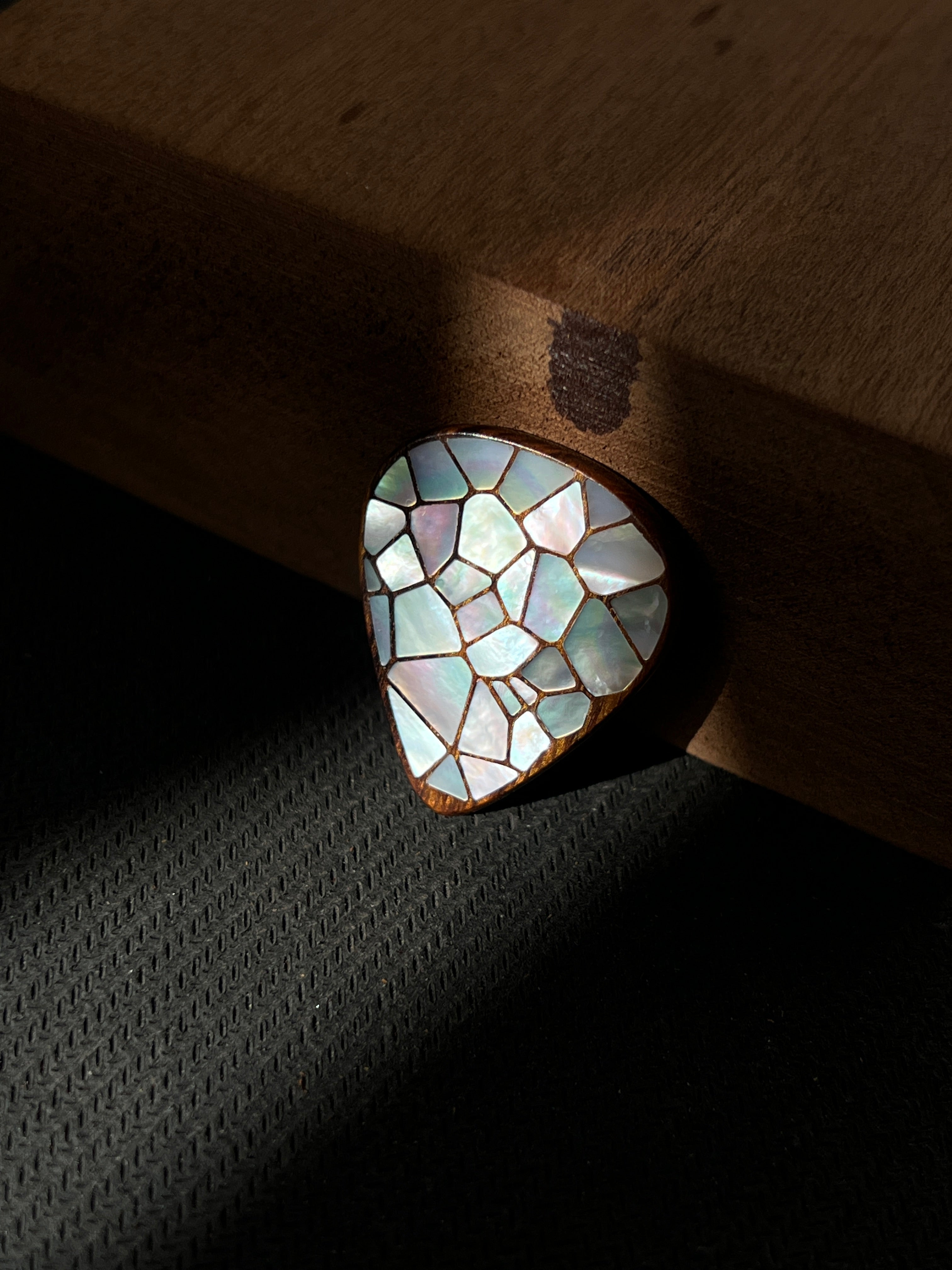 Handmade Wooden Guitar Pick with Mother of Pearl Cracked Ice Inlay