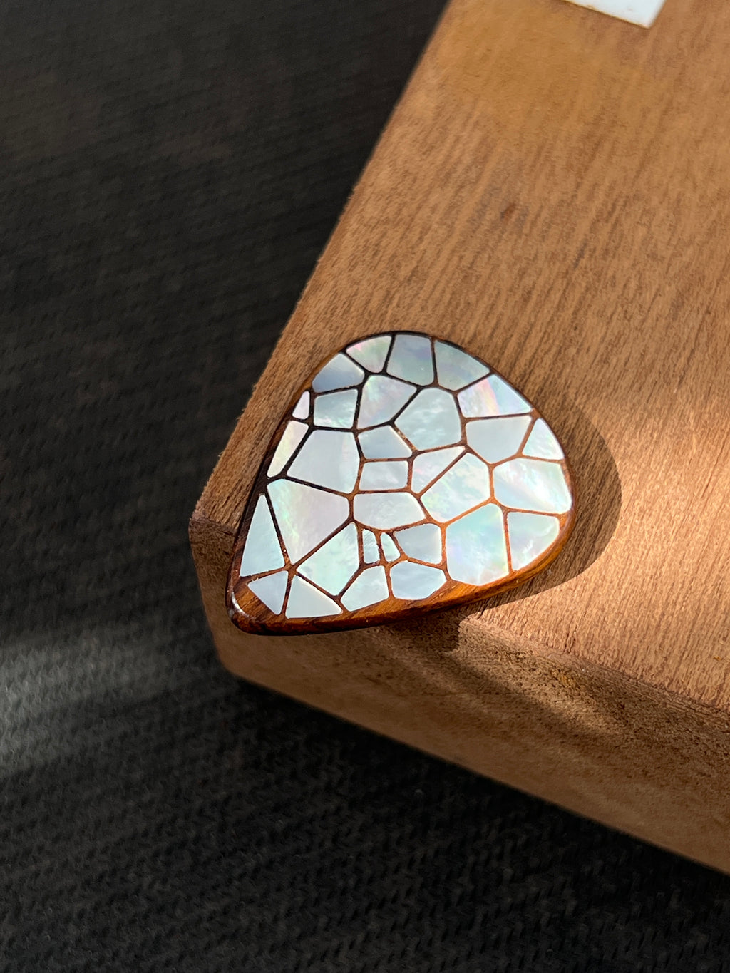 Handmade Wooden Guitar Pick with Mother of Pearl Cracked Ice Inlay