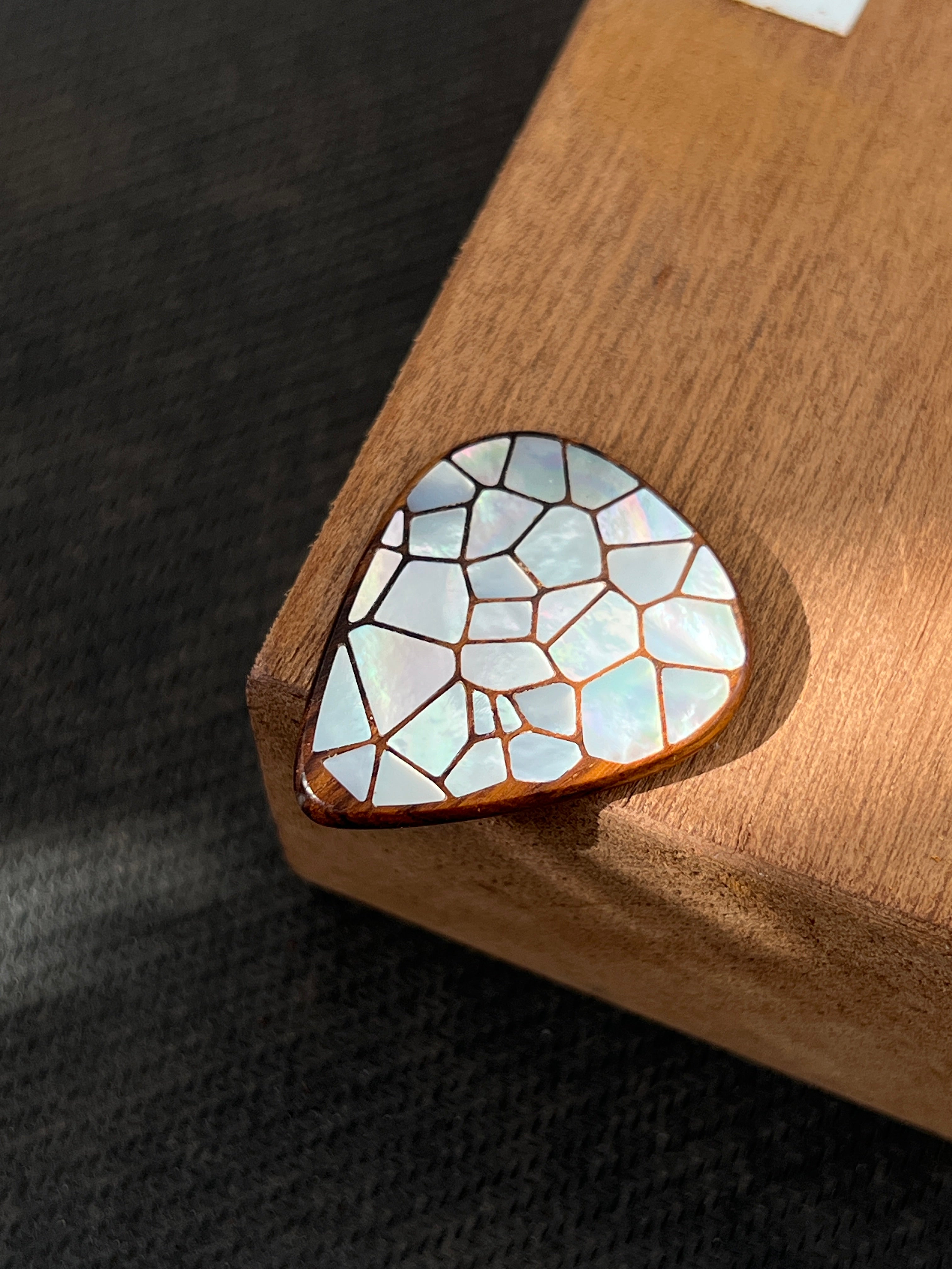 Handmade Wooden Guitar Pick with Mother of Pearl Cracked Ice Inlay